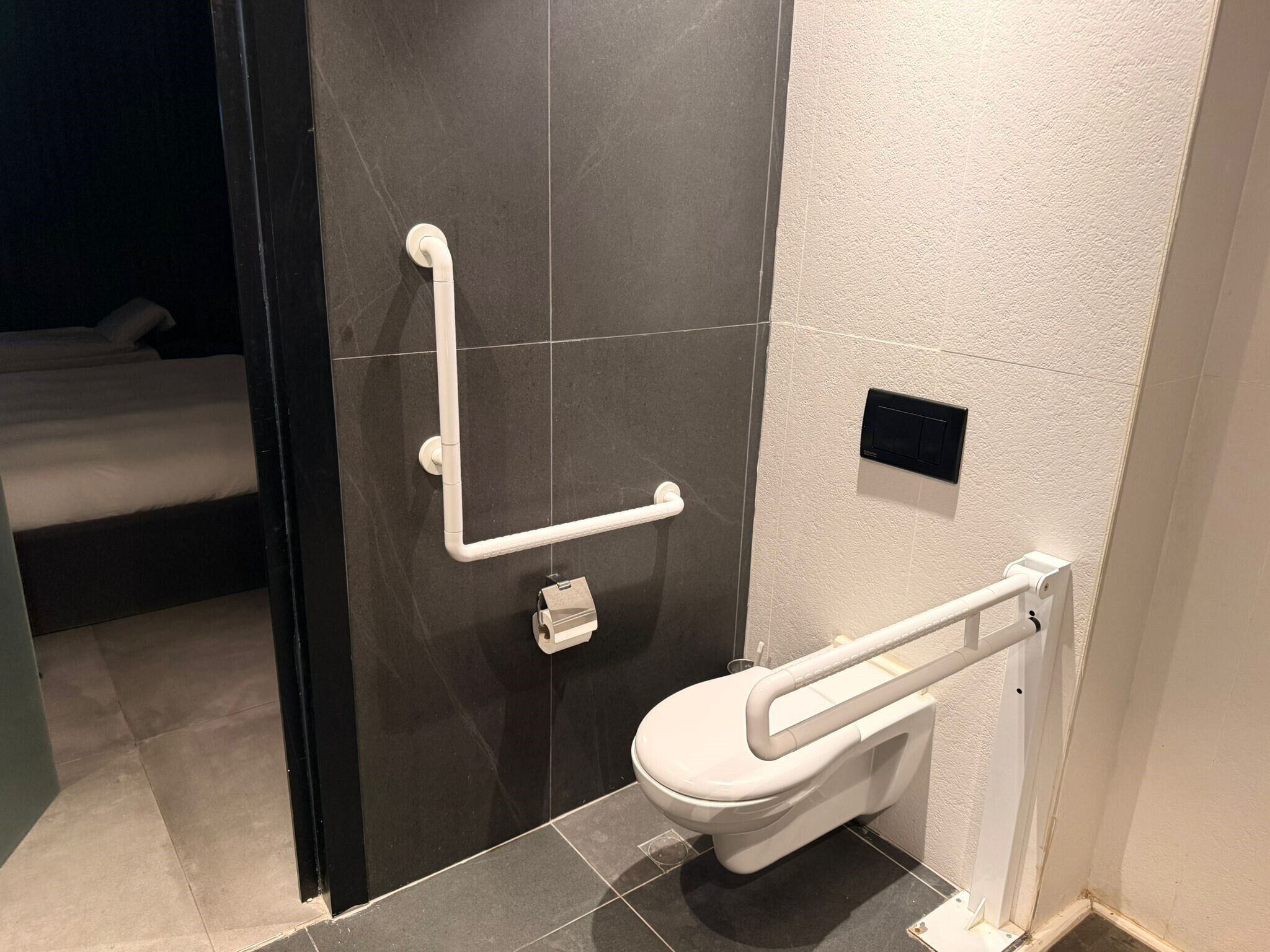 A modern bathroom with a toilet, grab bars, and a shower area.