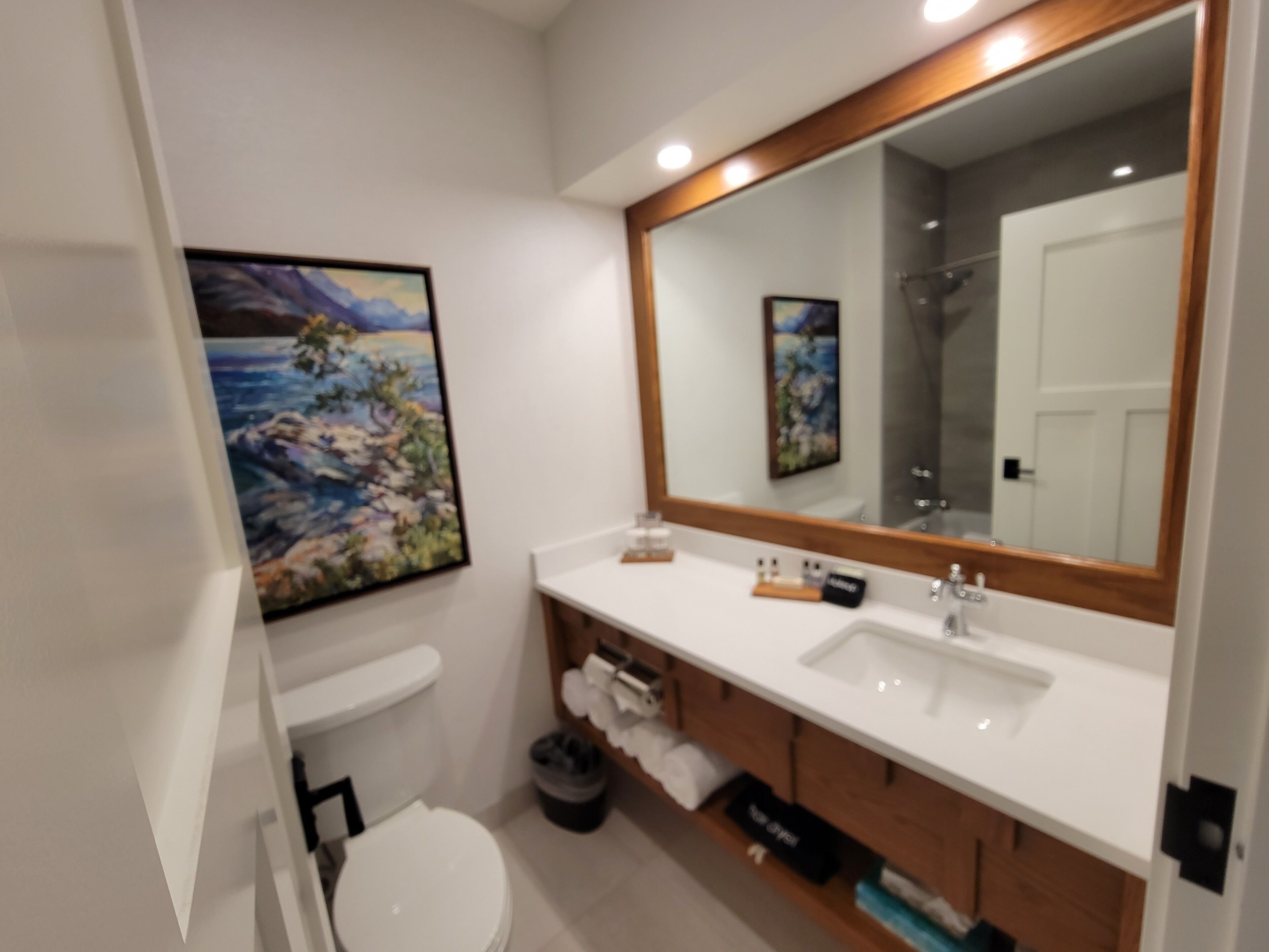 Une salle de bain moderne avec un lavabo blanc, un grand miroir et un tableau représentant un paysage accroché au mur.