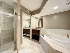 Shower, jetted tub, hair dryer, towels