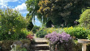 Un jardin avec un sentier de pierres menant à un escalier, entouré de différentes plantes et fleurs.
