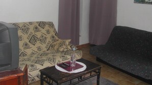 Una sala de estar con un sofá estampado, una mesa de centro de madera oscura con una botella y un control remoto, y un televisor sobre un mueble.