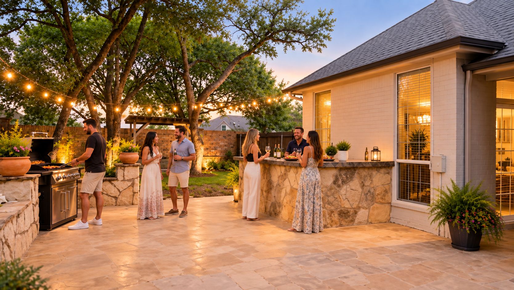 An outdoor patio with a barbecue grill, stone walls, and potted plants.