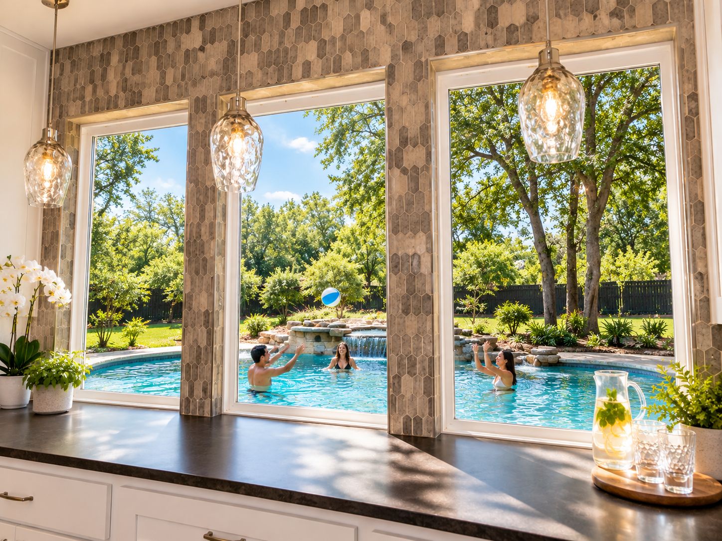 Un área de piscina con vista a un patio trasero, un muro de piedra y lámparas colgantes.