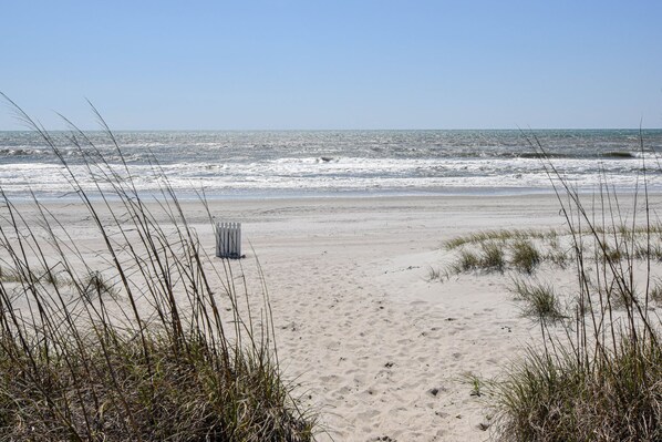 A sandy beach with waves, tall grass, and a trash bin. - BEAUTIFUL Condo in the Perfect Location (Atlantic Beach)