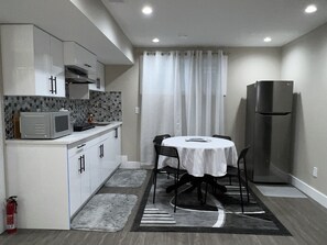 Fridge, microwave, stovetop, electric kettle