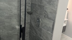A glass-enclosed shower with a handheld showerhead and a wall-mounted control panel.