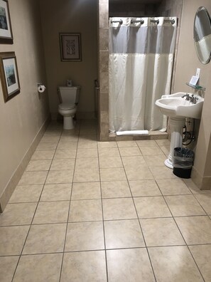 Combined shower/bathtub, hair dryer, towels, soap