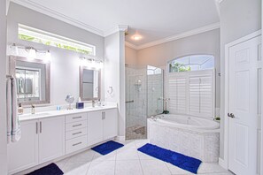 Shower, jetted tub, hair dryer, towels