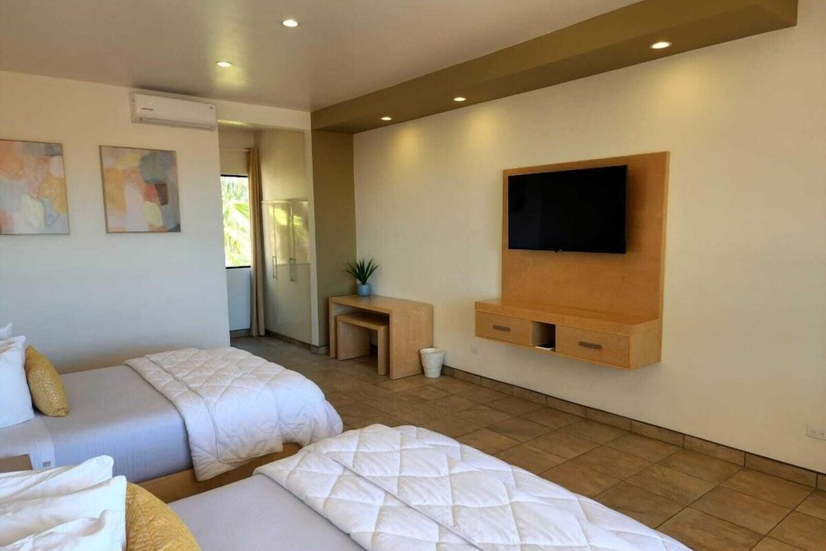 A hotel room with two beds, a TV mounted on the wall, and a small table with a plant.