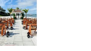 An outdoor wedding ceremony setup with rows of wooden chairs and a gazebo.