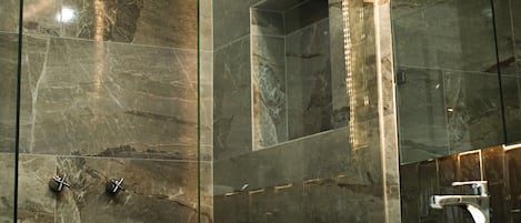 Shower, rainfall showerhead, hair dryer, towels