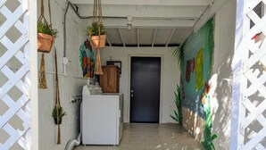 Un espace buanderie équipé d’un lave-linge, agrémenté de plantes suspendues, et doté d’une porte donnant sur une autre pièce.