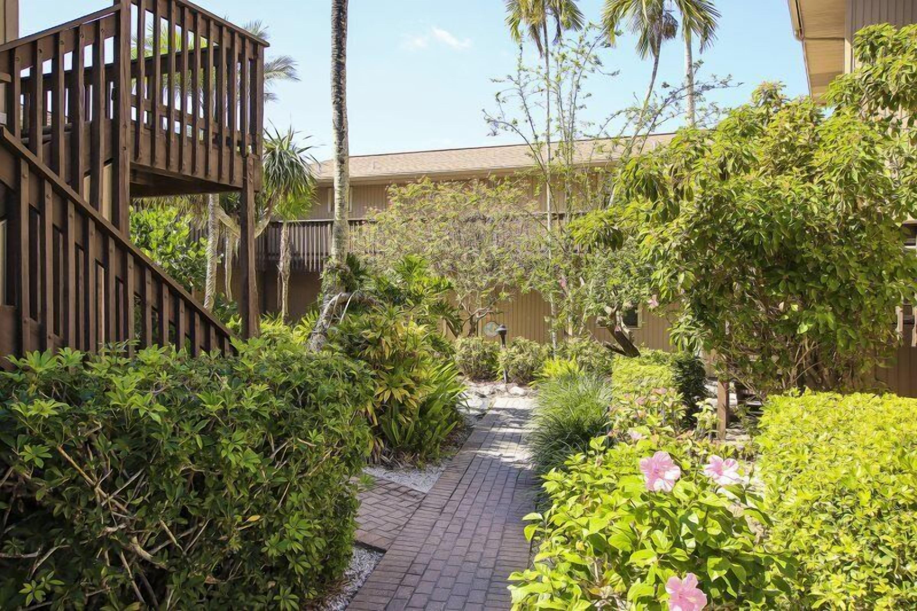 A pathway surrounded by lush greenery and a wooden structure.