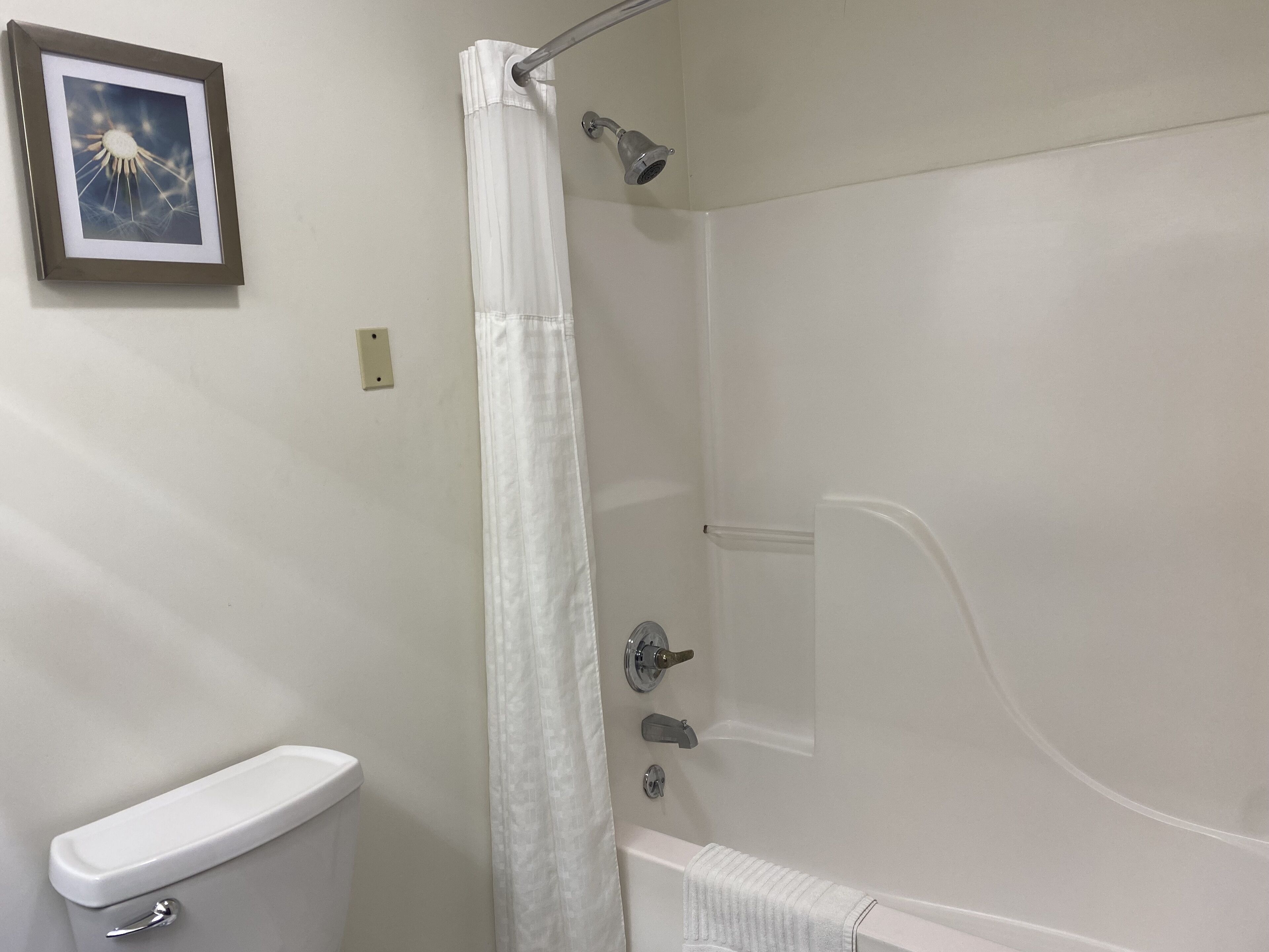 Un baño con inodoro, ducha con cortina y bañera con toalla.