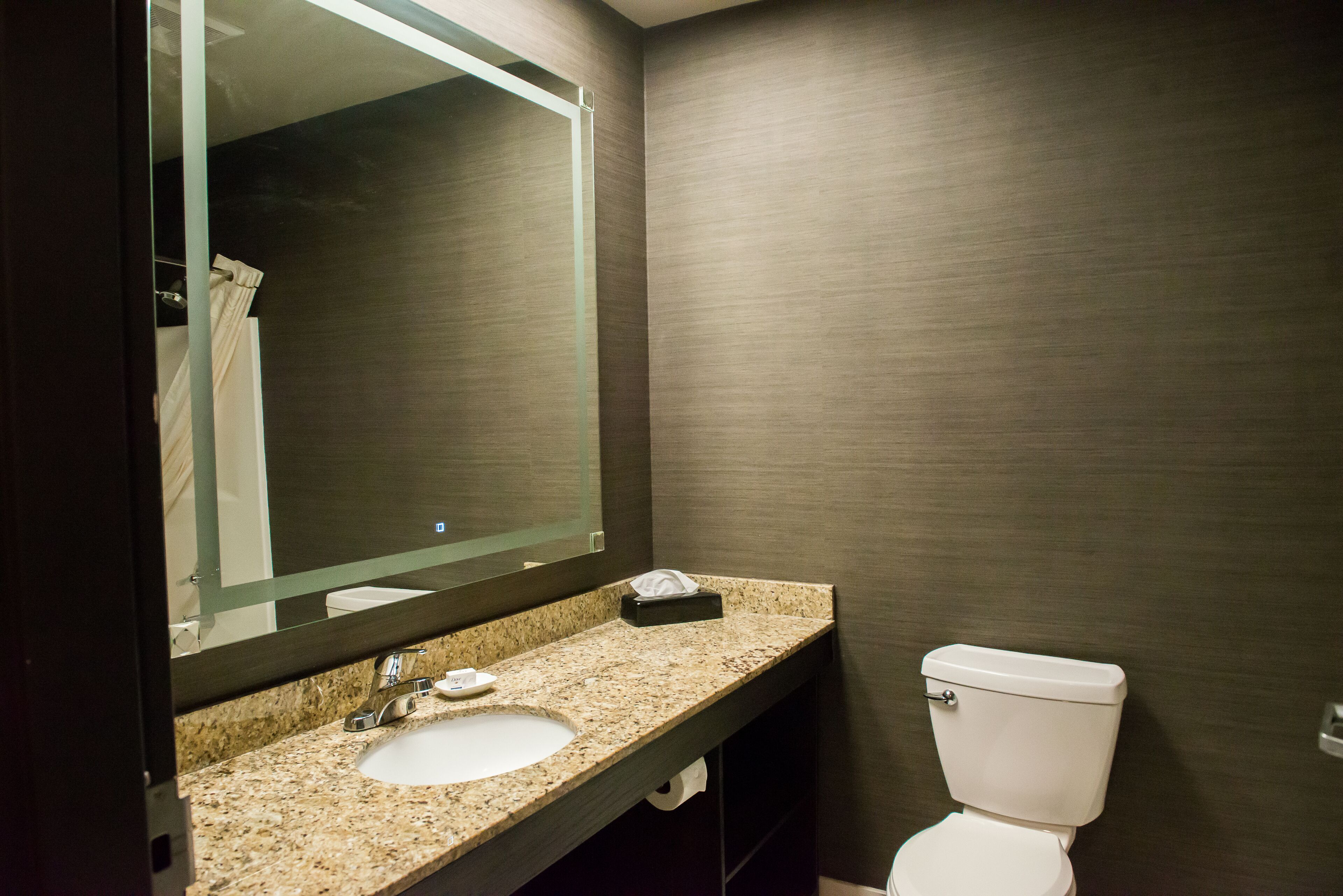 Une salle de bain équipée d’un lavabo avec un plan de travail en granit, d’un miroir, de toilettes et d’un distributeur de serviettes.