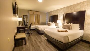 Pillow-top beds, desk, laptop workspace, blackout curtains