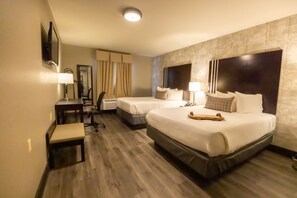 Pillow-top beds, desk, laptop workspace, blackout curtains