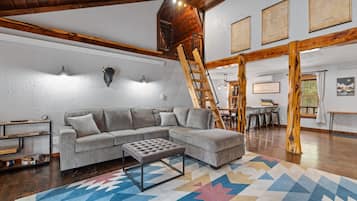 TV connectée, cheminée, table de tennis de table, livres