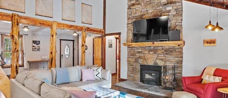 Smart TV, fireplace, books