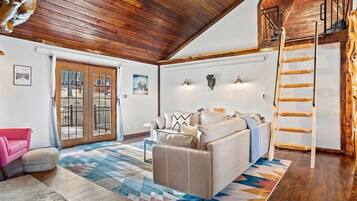 Smart TV, fireplace, books