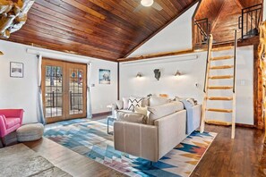 Smart TV, fireplace, books