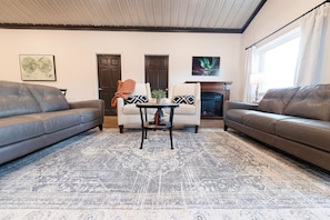 Smart TV, fireplace, books