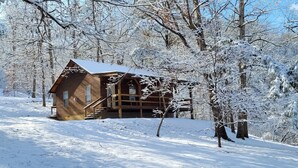 Una cabaña de madera rodeada de árboles cubiertos de nieve.