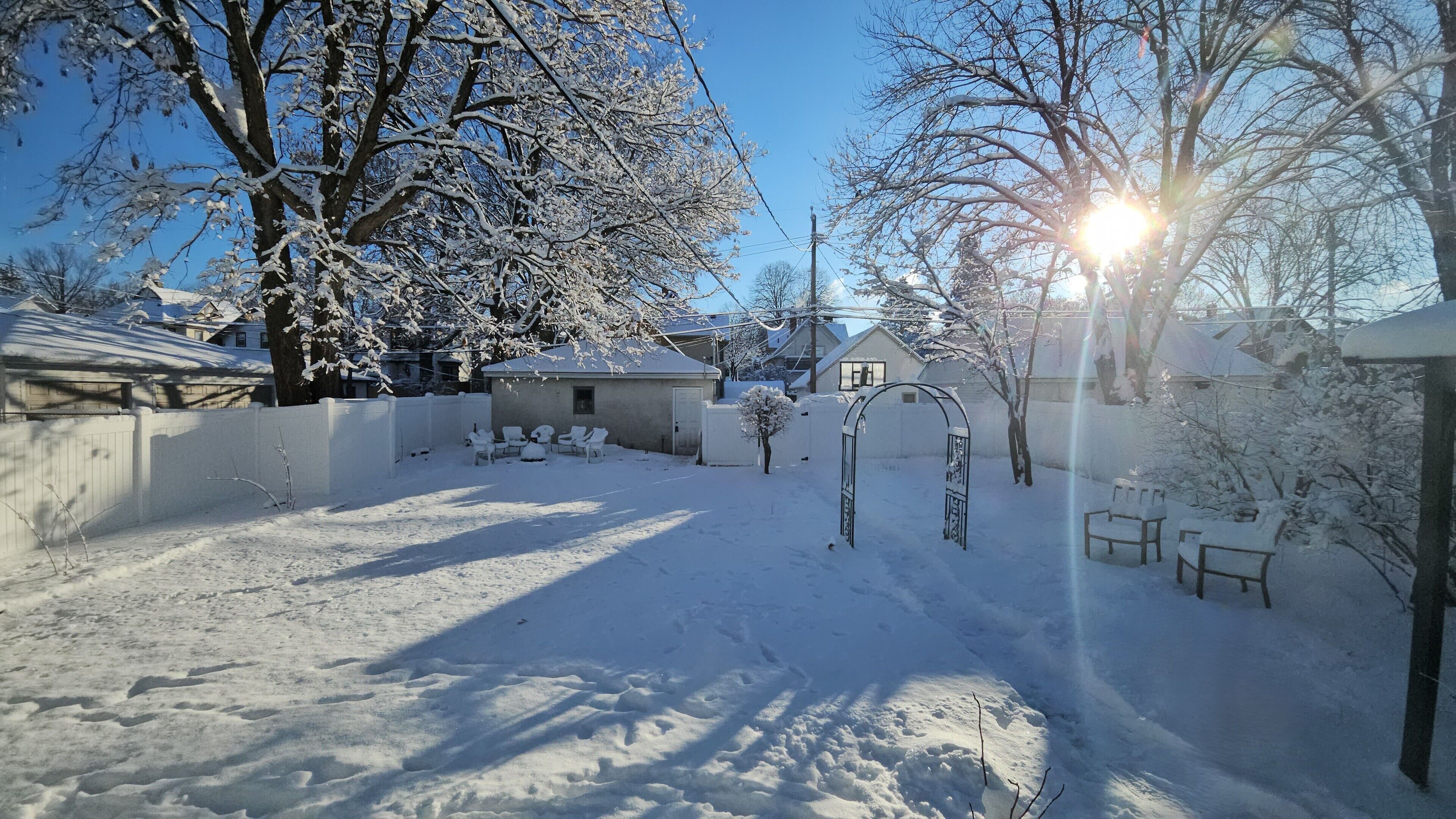 A snow-covered backyard with a patio area, a small shed, and a tree.
