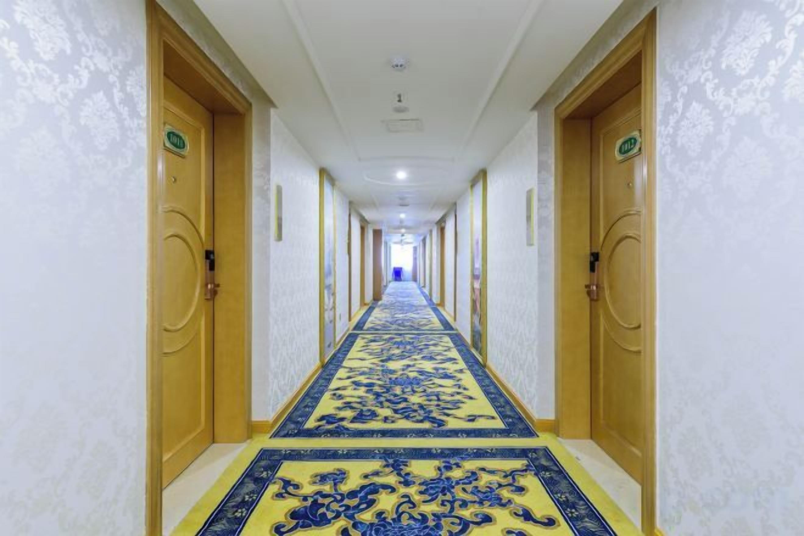 A long hallway with doors on both sides, a patterned carpet, and a ceiling with recessed lighting.