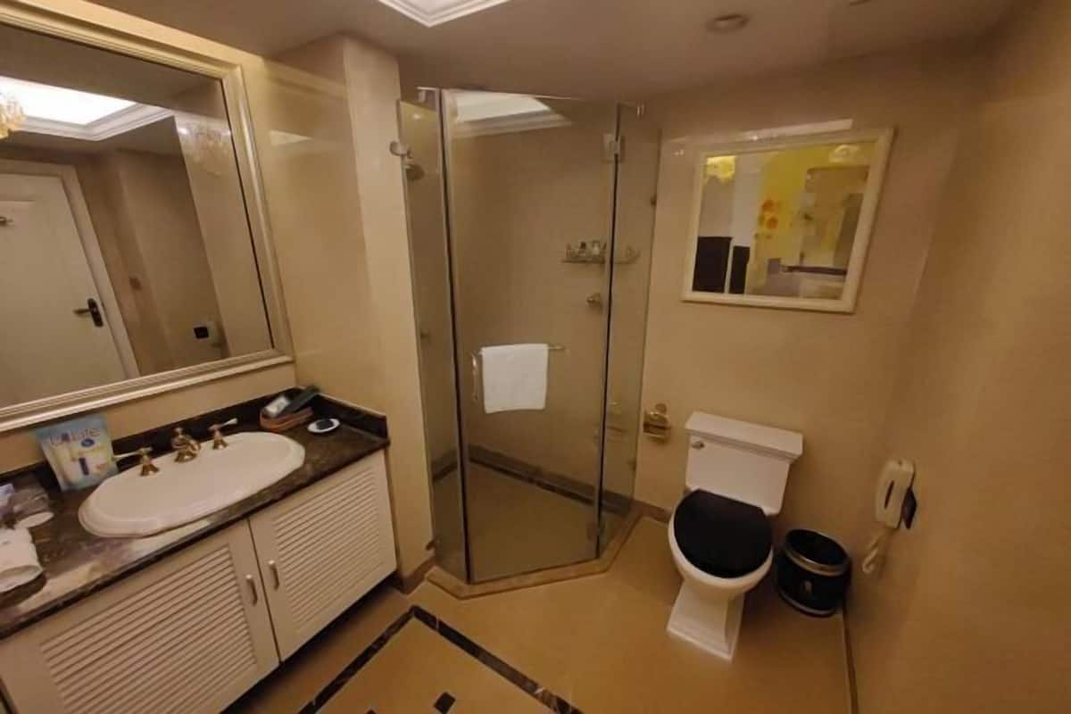 Une salle de bain avec une douche à parois de verre, un lavabo blanc avec un miroir au-dessus, et des toilettes avec un abattant noir.