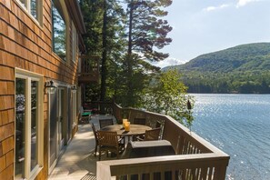 Outdoor dining - Moose Pond Retreat: Serene Lakeside Sanctuary with Private Dock (Bridgton)