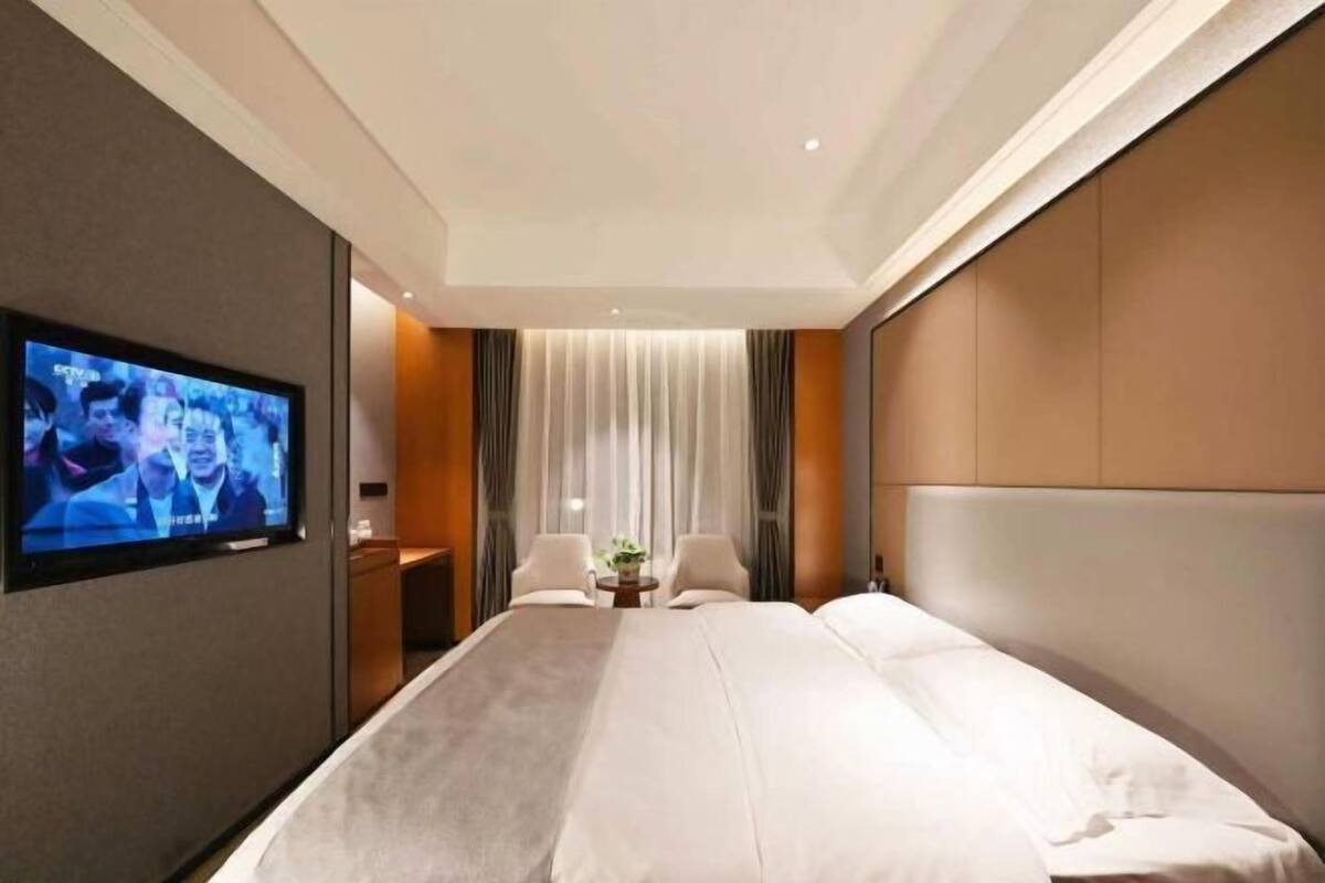 A hotel room with a bed, a TV mounted on the wall, a small table with a plant, and a window with curtains.