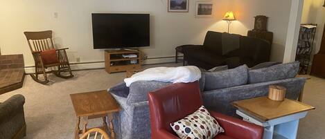 Een smart-tv, een open haard, een dvd-speler en een filmbibliotheek