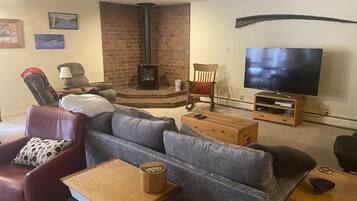 Smart TV, fireplace, DVD player, video library