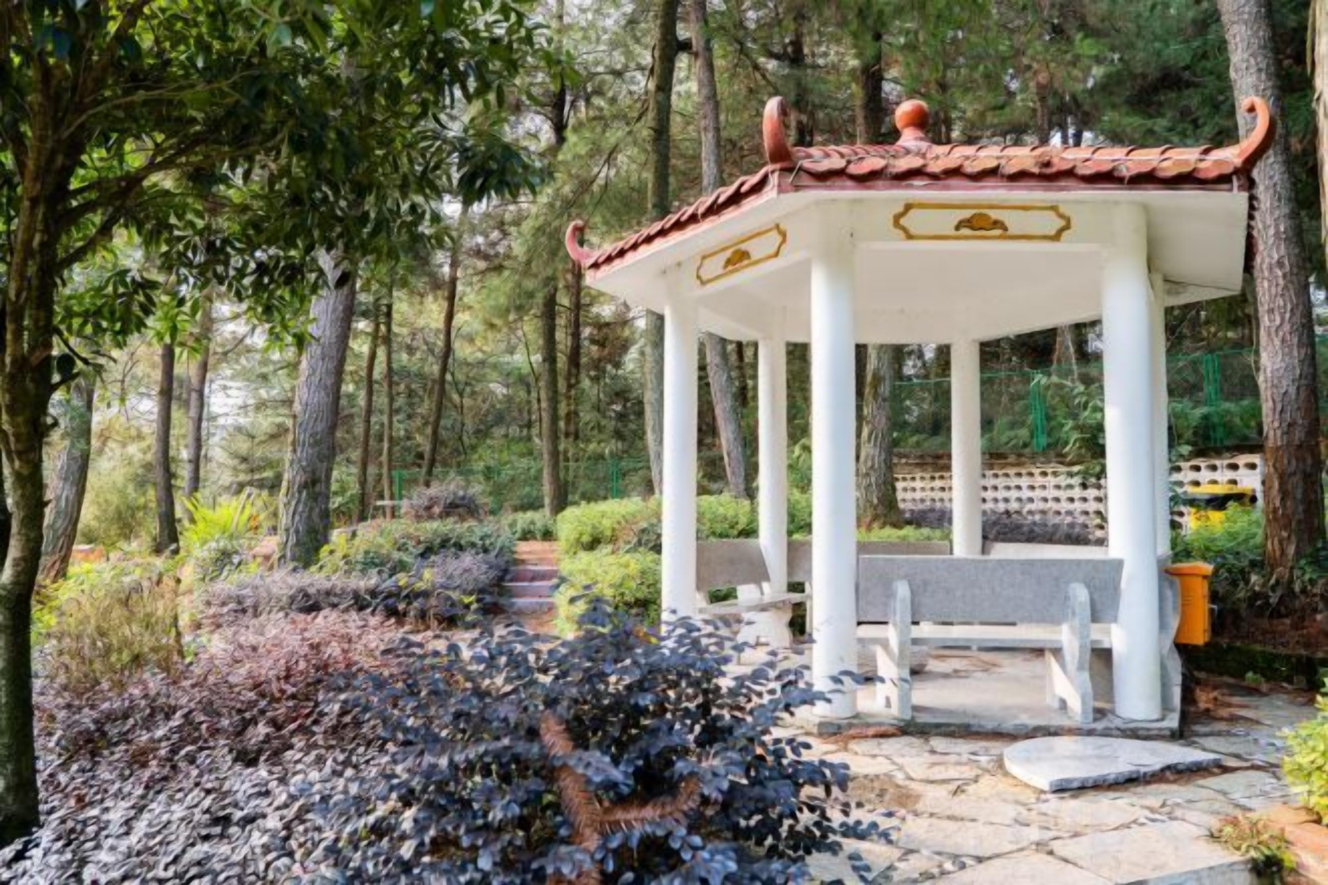 A gazebo with a tiled roof, surrounded by a garden with various plants and a stone pathway.