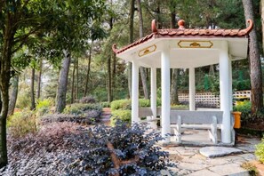 A gazebo with a tiled roof, surrounded by a garden with various plants and a stone pathway. - Yajia Hotel (Kaiyang)