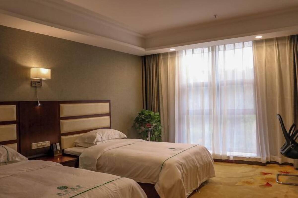 A hotel room with two beds, a large window with sheer curtains, a wall-mounted lamp, and a small plant.