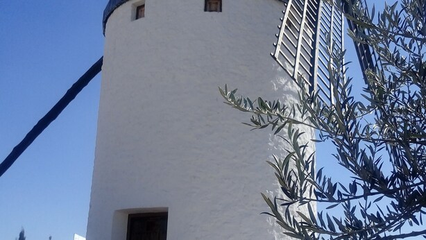 A traditional windmill with a white cylindrical body and a conical roof, featuring a wooden door and a metal staircase.