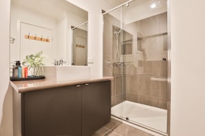 Bathtub, hair dryer, towels, soap