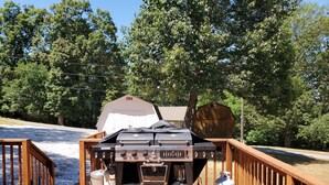 Un barbecue sur une terrasse en bois, avec un abri de jardin et des arbres en arrière-plan.