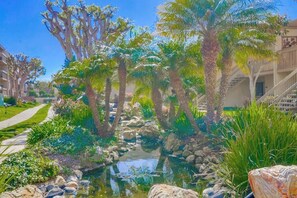 A landscaped garden with a pond, palm trees, and a pathway. - Oceanfront Luxury Condo w/ Hot Tub & Pool (Solana Beach)