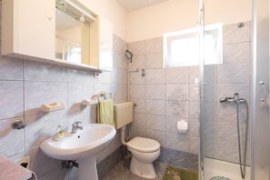 Bathroom features a sink, toilet, and glass-enclosed shower area with a showerhead.