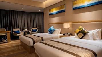 Een hotelkamer met twee bedden, een bureau en een stoel.