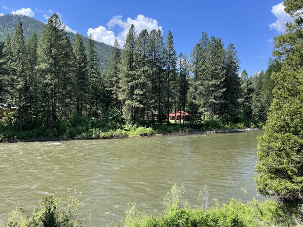 A river with dense forest on both sides, a house with a red roof partially visible behind the trees, and mountains in the background.