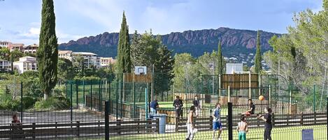 A sports court with a netted fence, surrounded by trees and buildings in the background.