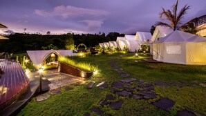 A series of white tents with a stone pathway leading to a wooden deck. - The Dewi Kintamani (Kintamani)