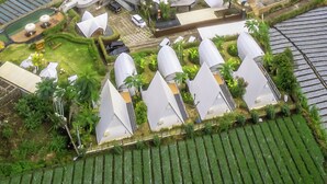 A resort with multiple white dome-shaped buildings, a swimming pool, and terraced gardens. - The Dewi Kintamani (Kintamani)