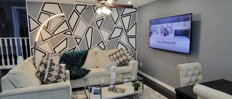 Living room with comfortable couch.