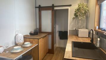 Fridge, microwave, electric kettle, toaster