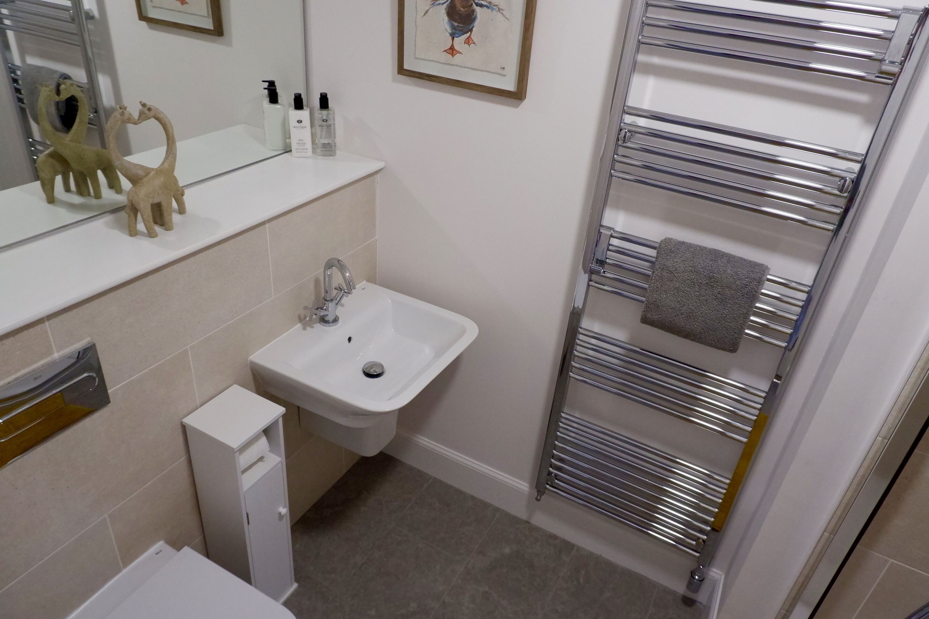 Shower, hair dryer, towels, toilet paper